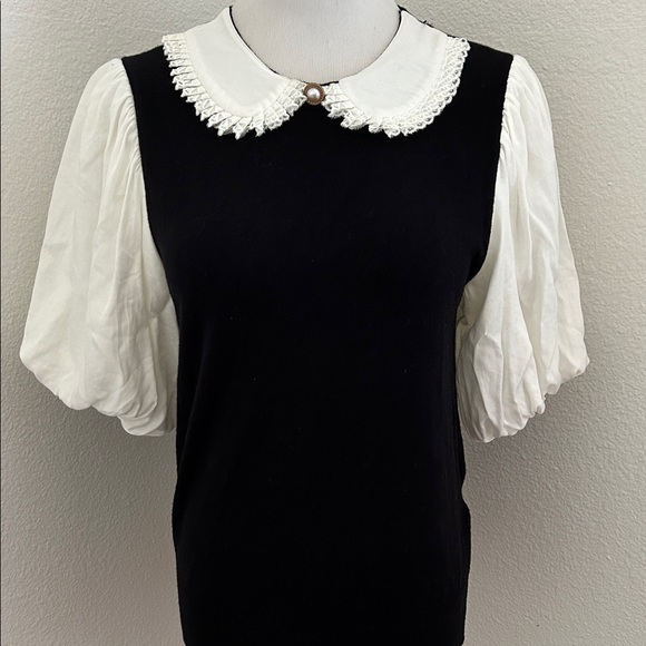 Tops - Black & White Peter Pan Collar Puff Sleeve Top